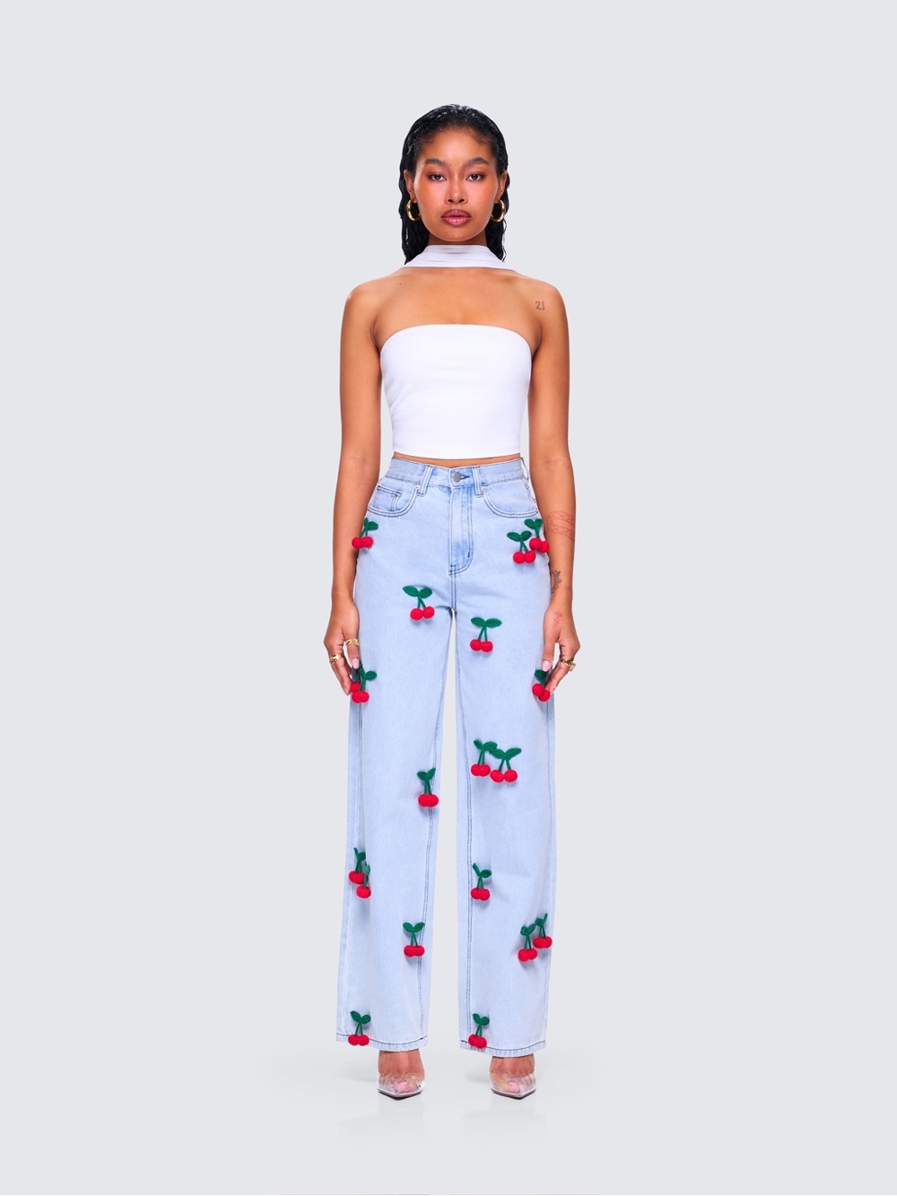 FINESSE Light Wash Cherry Appliquéd Wide-Leg Jeans